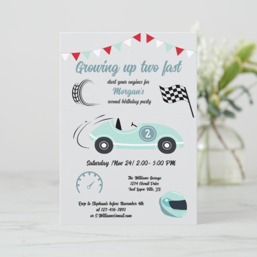 成長2高速フェスティバルブルーレースカー誕生日 招待状 (スタンド正面)