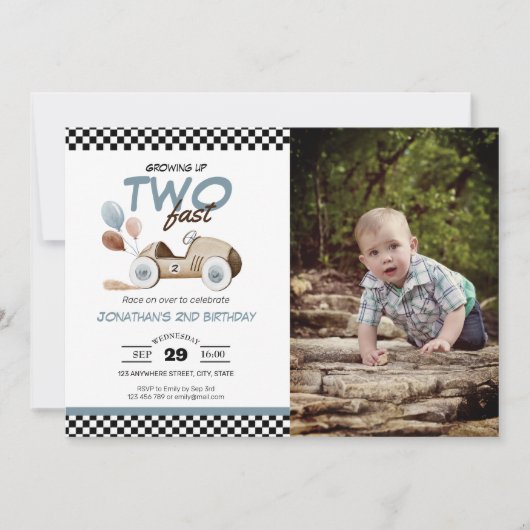 成長Two Fast Boy誕生日車のヴィンテージ写真 招待状 (正面)