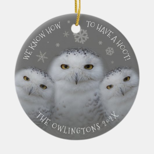 我々おもしろいは、フーットファミリーの雪のフクロウを持つ方法を知っている セラミックオーナメント (正面)