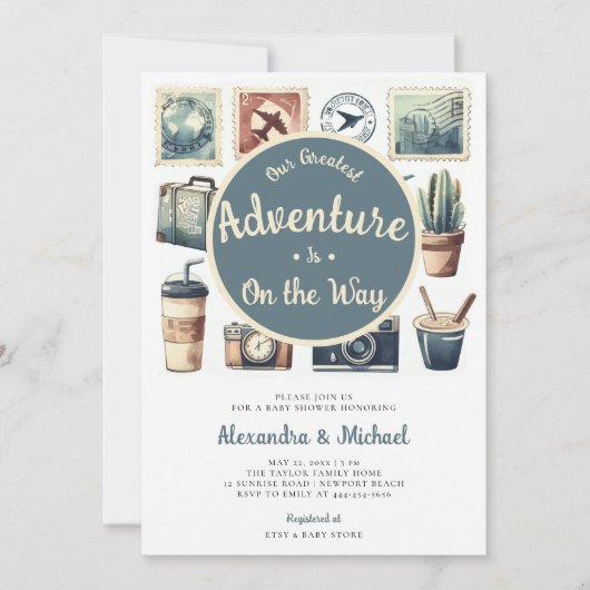 我々のアドベ素晴らしントレトロコー男の赤ちゃんシャワー 招待状 (正面)