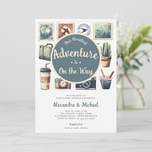 我々のアドベ素晴らしントレトロコー男の赤ちゃんシャワー 招待状 (スタンド正面)