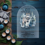 我々のパックウルフのリーダー90th誕生日パーティー アクリル招待状<br><div class="desc">「The Leader of Our Pack Is Turning 90」、あなたのアルファの90歳の誕生日お気に入りの。常緑樹威厳のある林にシルエットした一匹狼。</div>