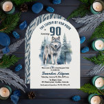 我々のパックウルフのリーダー90th誕生日パーティー 招待状<br><div class="desc">「The Leader of Our Pack Is Turning 90」、あなたのアルファの90歳の誕生日お気に入りの。常緑樹威厳のある林にシルエットした一匹狼。</div>