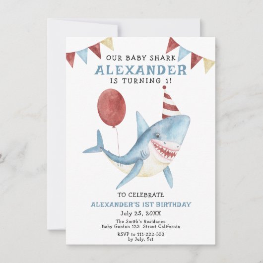 我々のベビーシャーク海の下の最初の誕生日 招待状 (正面)