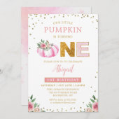 我々のリトルカボキンピンク金ゴールドフローラ最初の誕生日 招待状 (正面/裏面)