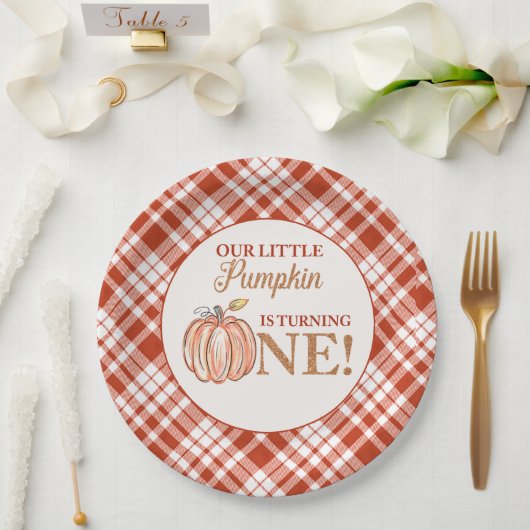 我々のリトルカボチャフローラ赤い格子付き1歳の誕生日 ペーパープレート (ウェディング)