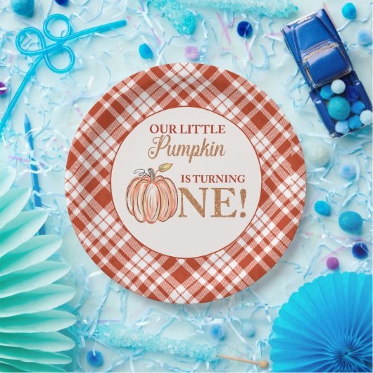 我々のリトルカボチャフローラ赤い格子付き1歳の誕生日 ペーパープレート (パーティー)