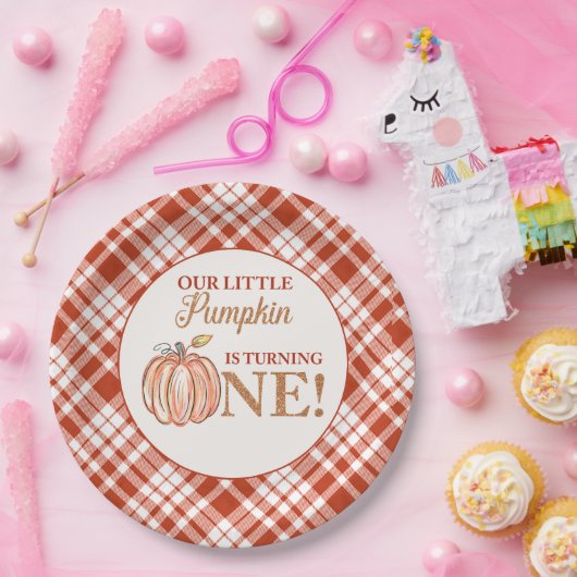 我々のリトルカボチャフローラ赤い格子付き1歳の誕生日 ペーパープレート (パーティー)