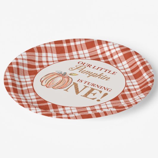 我々のリトルカボチャフローラ赤い格子付き1歳の誕生日 ペーパープレート (アングル)