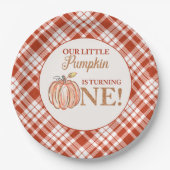 我々のリトルカボチャフローラ赤い格子付き1歳の誕生日 ペーパープレート (正面)