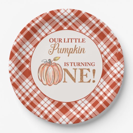 我々のリトルカボチャフローラ赤い格子付き1歳の誕生日 ペーパープレート (正面)