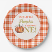 我々のリトルカボチャフローラ赤い格子付き1歳の誕生日 ペーパープレート (正面)