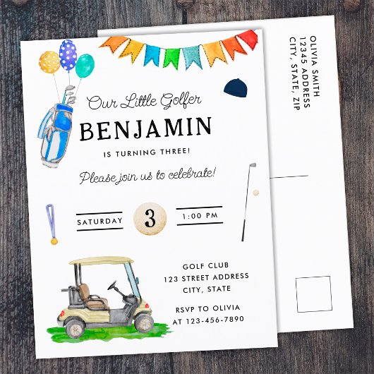 我々のリトルゴルファーのブルーカートハットキッズゴルフ誕生日 ポストカード