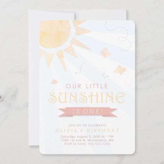 我々のリトルサンシャインウォーターカラーバタフライ誕生日 招待状 (正面)