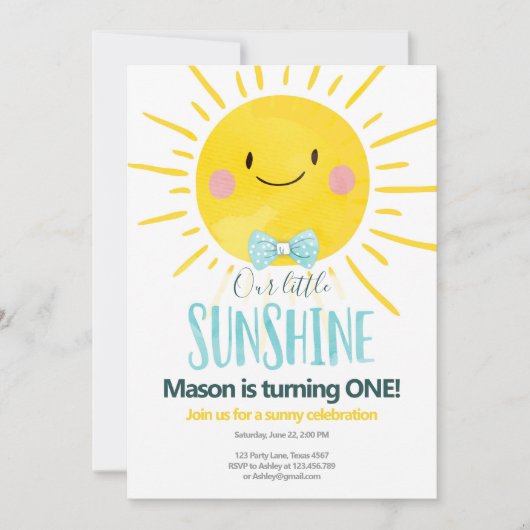 我々のリトルサンシャインボーイブルーボウタイサン誕生日 招待状 (正面)