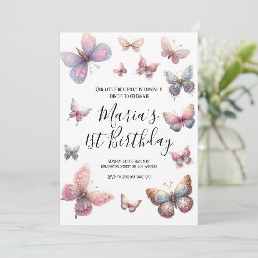 我々のリトルバタフライガールズピンク誕生日 招待状 (スタンド正面)