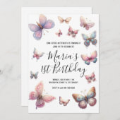 我々のリトルバタフライガールズピンク誕生日 招待状 (正面/裏面)