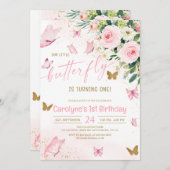 我々のリトルバタフライピンクフローラ誕生日 招待状 (正面/裏面)