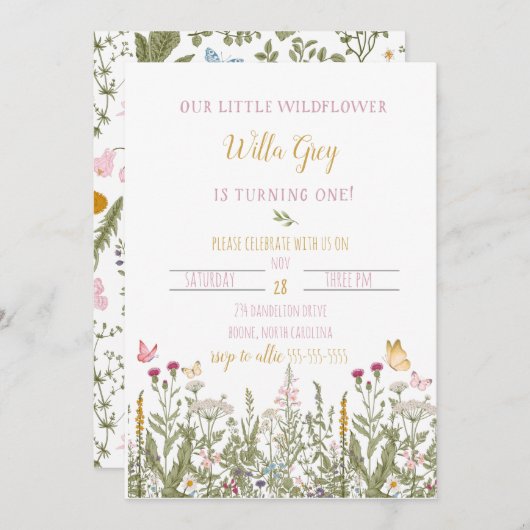 我々のリトルワイルドフラワーファースト誕生日招待状 招待状 (正面/裏面)