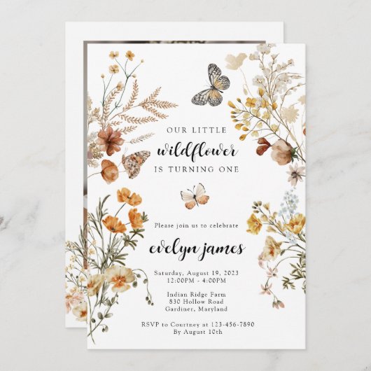 我々のリトルワイルドフラワーファースト誕生日招待状 招待状 (正面/裏面)