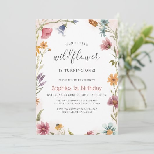 我々のリトルワイルドフラワー1stベビーガール誕生日 招待状 (スタンド正面)