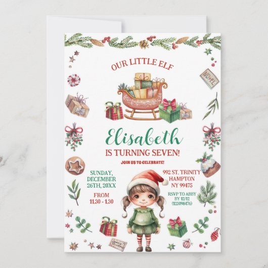 我々のリトル小妖精や小人クリスマスそり誕生日ガール 招待状 (正面)