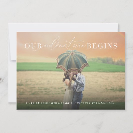 我々の冒険がロマンチックな写真のタイポグラフィを開始 セーブザデート (正面)