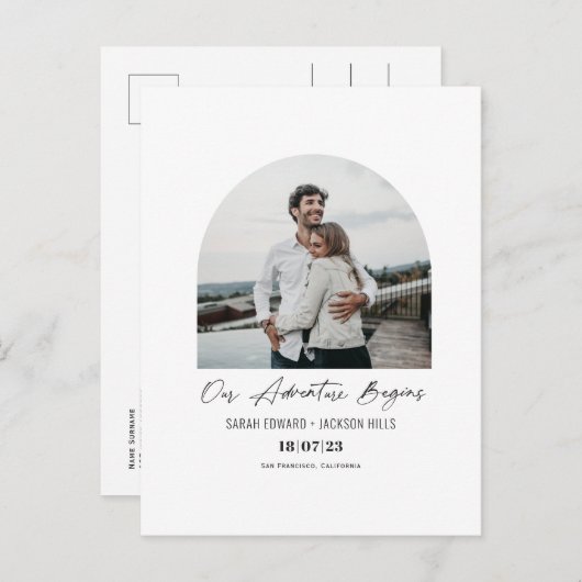 我々の冒険が始まる、アーチ型の写真が日付を保存 案内ポストカード (正面/裏面)