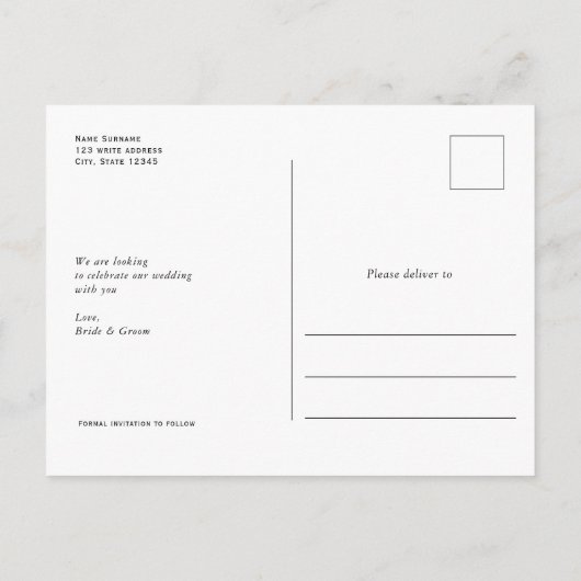 我々の冒険が始まる、アーチ型の写真が日付を保存 案内ポストカード (裏面)