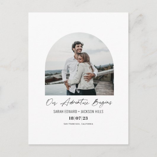 我々の冒険が始まる、アーチ型の写真が日付を保存 案内ポストカード (正面)