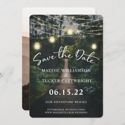 我々の冒険が始まる |フォレ素朴スト日付の保存 招待状 (正面/裏面)