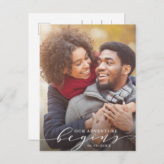 我々の冒険が始まる | 写真の日付を保存 案内ポストカード (正面/裏面)