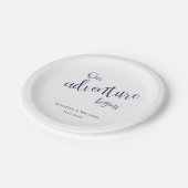 我々の冒険はダークブルーのタイポグラフィ結婚の ペーパープレート (アングル)