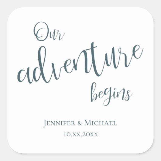 我々の冒険はティール(緑がかった色)タイポグラフィ結婚の スクエアシール (正面)