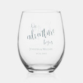 我々の冒険はティール(緑がかった色)タイポグラフィ結婚の ステムなしワイングラス (裏面)