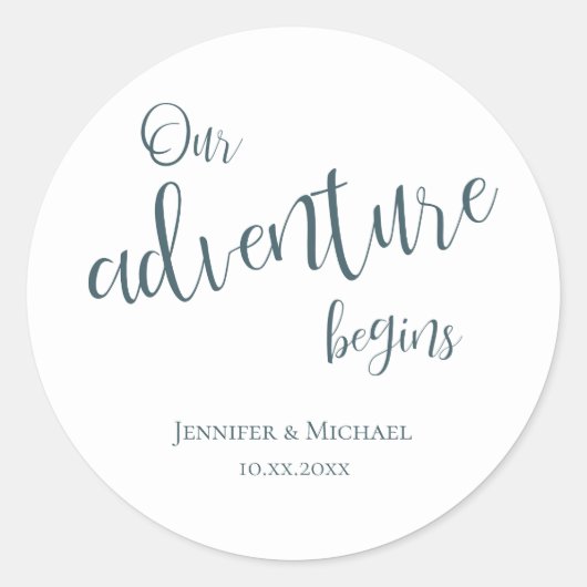 我々の冒険はティール（緑がかった色）タイポグラフィ結婚の ラウンドシール (正面)