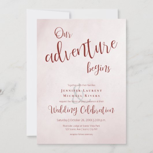 我々の冒険はマルーンの書道結婚の 招待状 (正面)