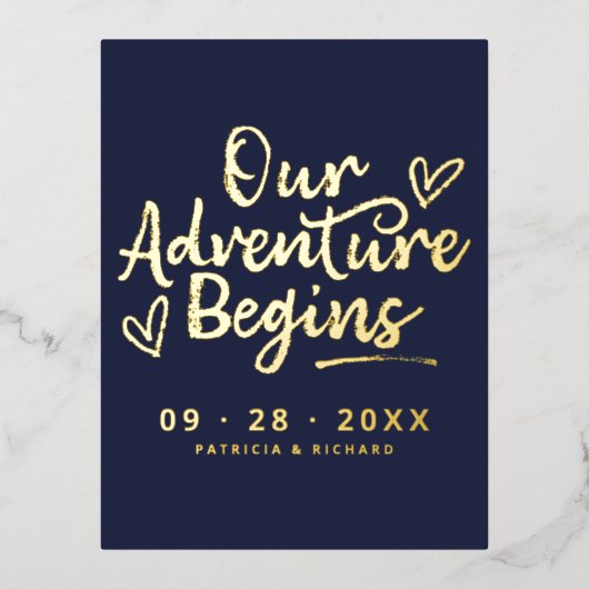 我々の冒険は写真ではない日付を保存し始める 箔シーズンポストカード (正面)