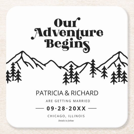 我々の冒険は屋外の結婚式を始める日付を保存 スクエアペーパーコースター (正面)