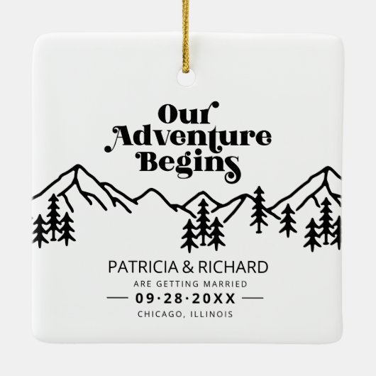 我々の冒険は屋外の結婚式を始める日付を保存 セラミックオーナメント (裏面)
