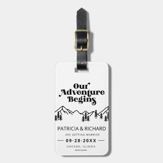 我々の冒険は屋外の結婚式を始める日付を保存 ラゲッジタグ (正面縦)