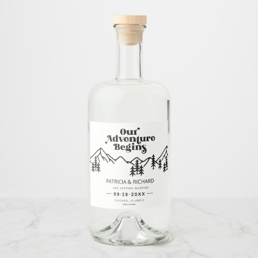 我々の冒険は屋外の結婚式を始める日付を保存 リキュールボトルラベル (正面)