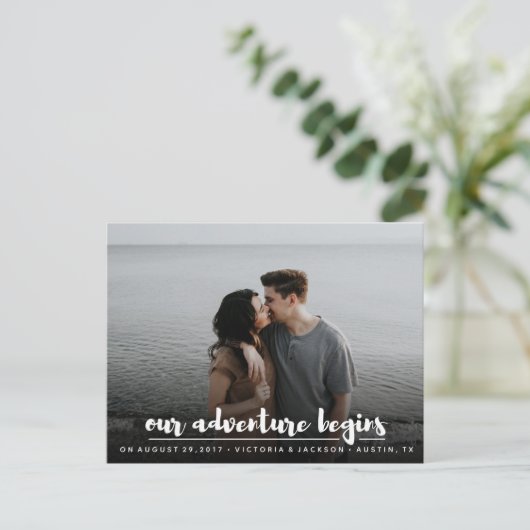我々の冒険は日付をシックなモダン写真を保存 案内ポストカード (スタンド正面)