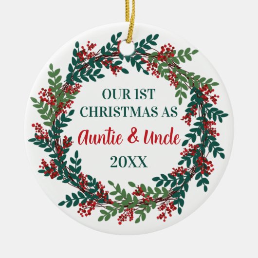 我々の初めてのクリスマスとして叔母と叔父のリース セラミックオーナメント (正面)