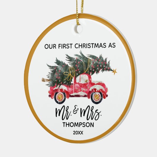 我々の初めてのクリスマスのミセス・レッド・トラックは手書きで手紙を出した セラミックオーナメント (左)