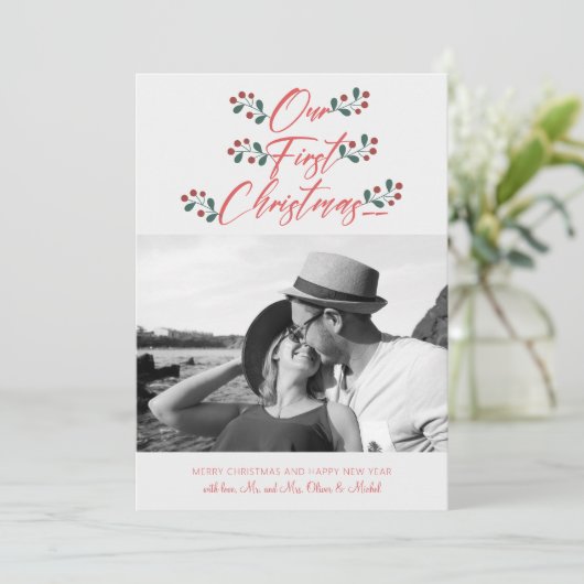 我々の初めてのクリスマスの手書き新婚写真 シーズンカード (スタンド正面)
