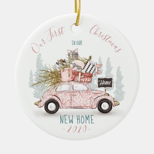我々の初めてのクリスマスの新しいホームウォーターカラーカー セラミックオーナメント (正面)
