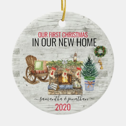 我々の初めてのクリスマスの新しいホームウォーターカラー セラミックオーナメント (正面)