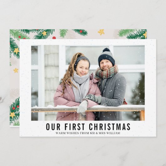 我々の初めてのクリスマスの雪の素敵な新しい写真 シーズンカード (正面/裏面)
