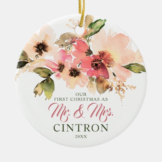 我々の初めてのクリスマスはピーチ氏とミセス・フローラ セラミックオーナメント (正面)